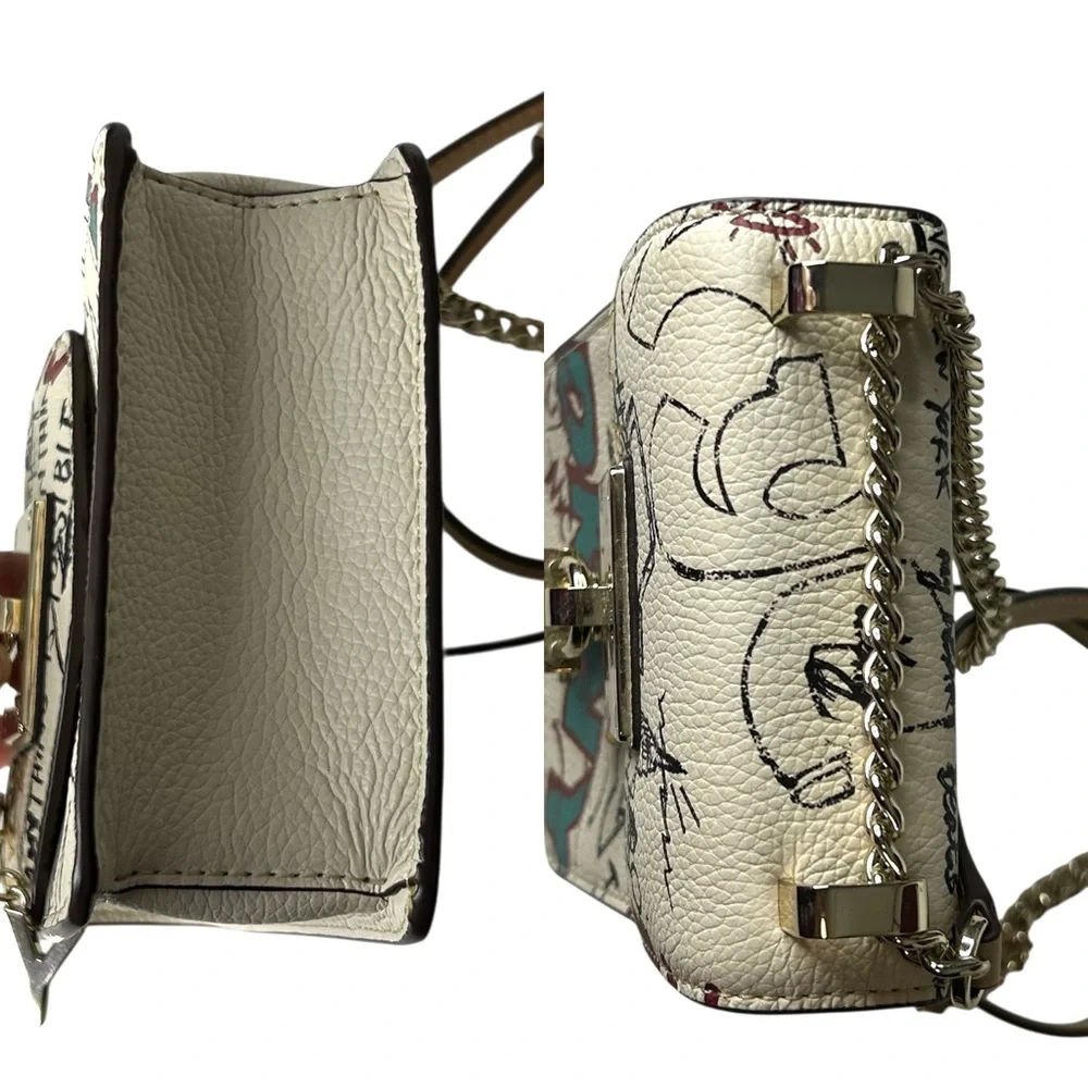 DKNY Womens Elissa North South Cream Graffiti Print Leather Crossbody‎ Bag